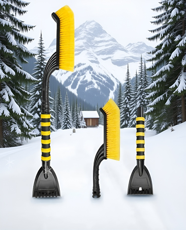 자동차 유리창의 눈을 제거하는 브러시 사용 장면