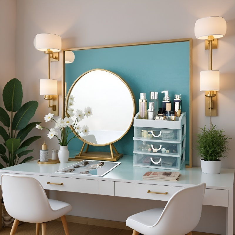 Kleine transparente Aufbewahrungsbox mit Schublade für Kosmetik und Lippenstift auf dem Schreibtisch