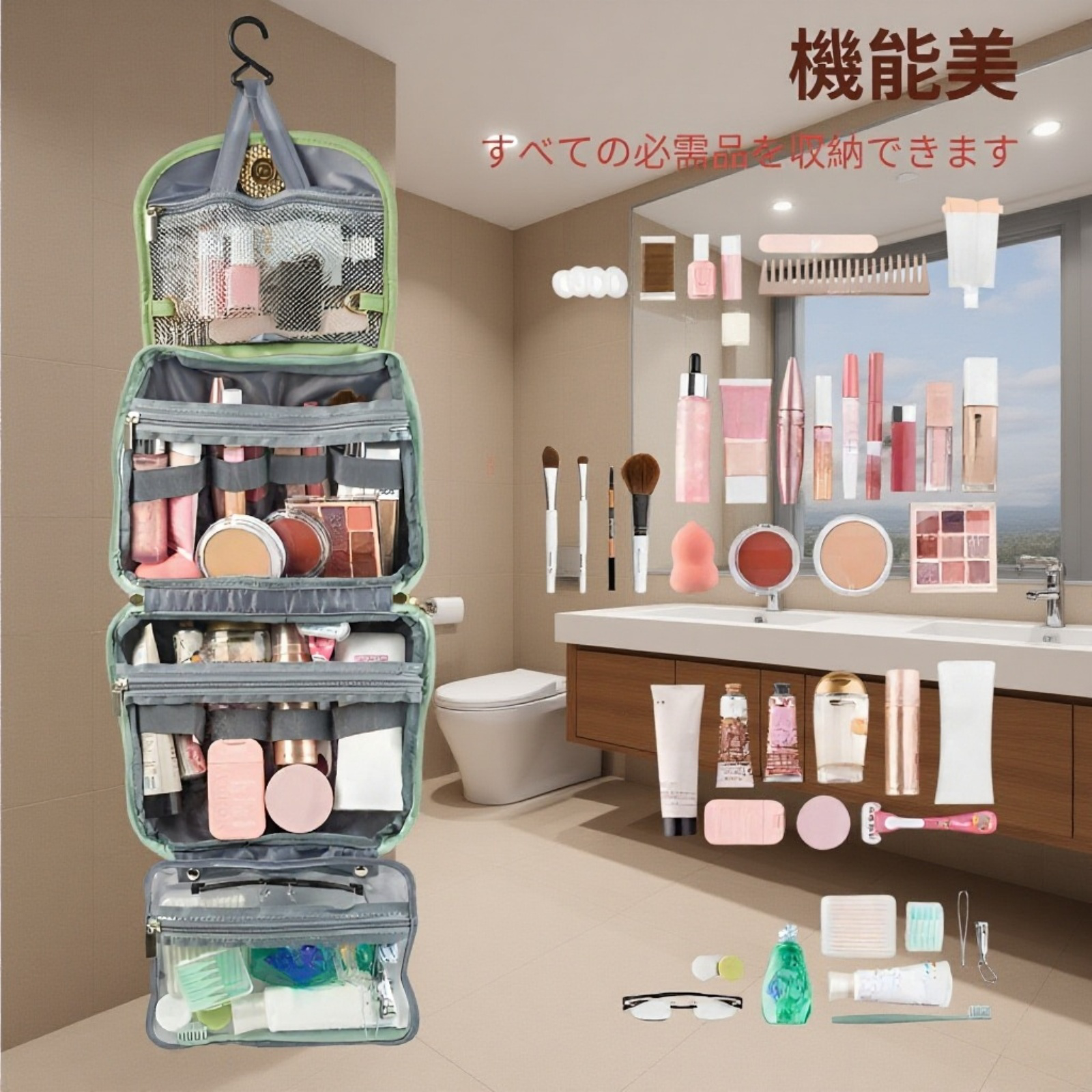 防水トラベル洗面用ポーチ 吊り下げ式化粧ポーチ 収納バッグ