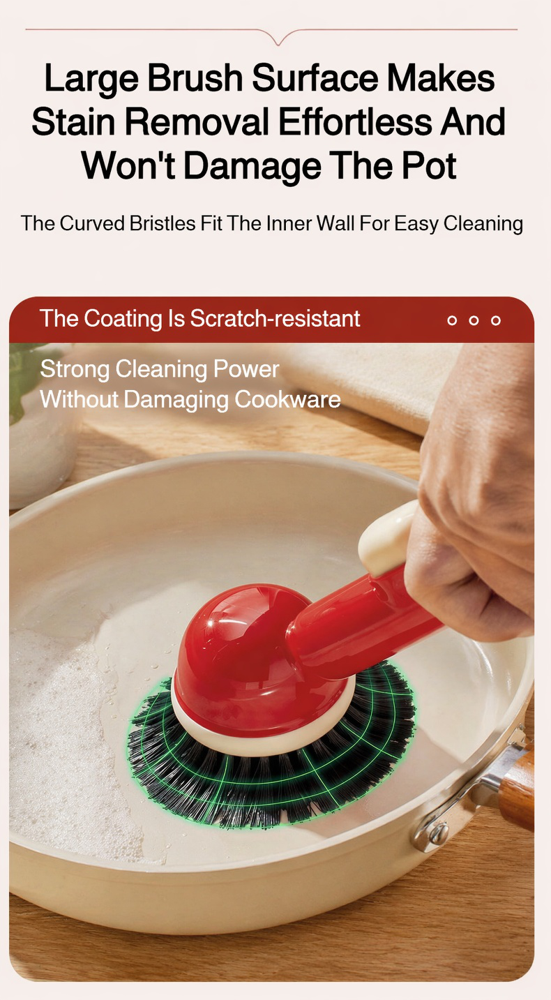 Pot brush dispensing soap onto a dirty frying pan