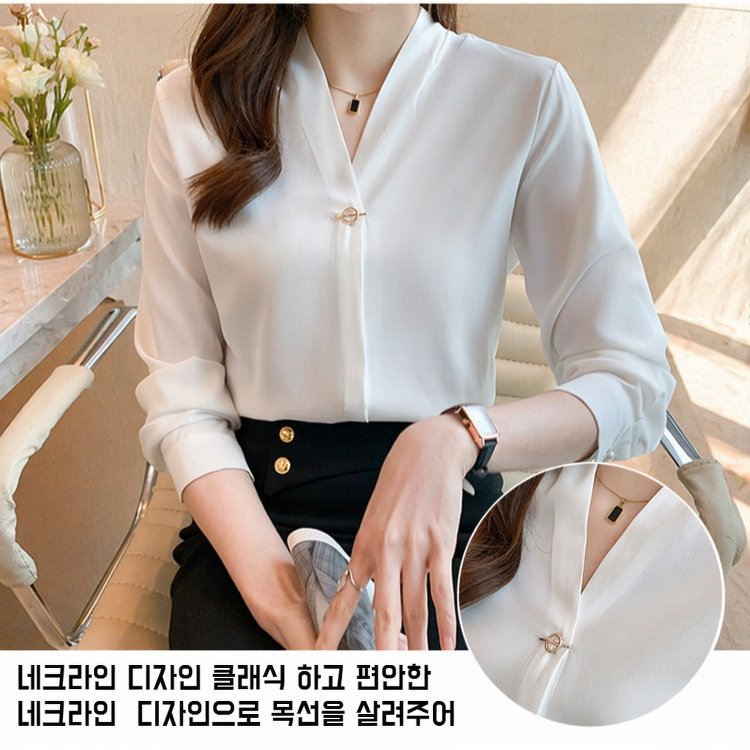 브이넥 쉬폰 화이트 셔츠