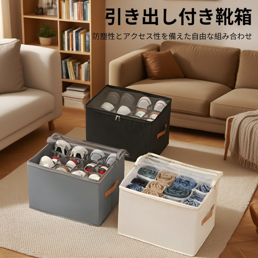 靴収納ボックス 折りたたみ式カバー付き 見える靴箱
