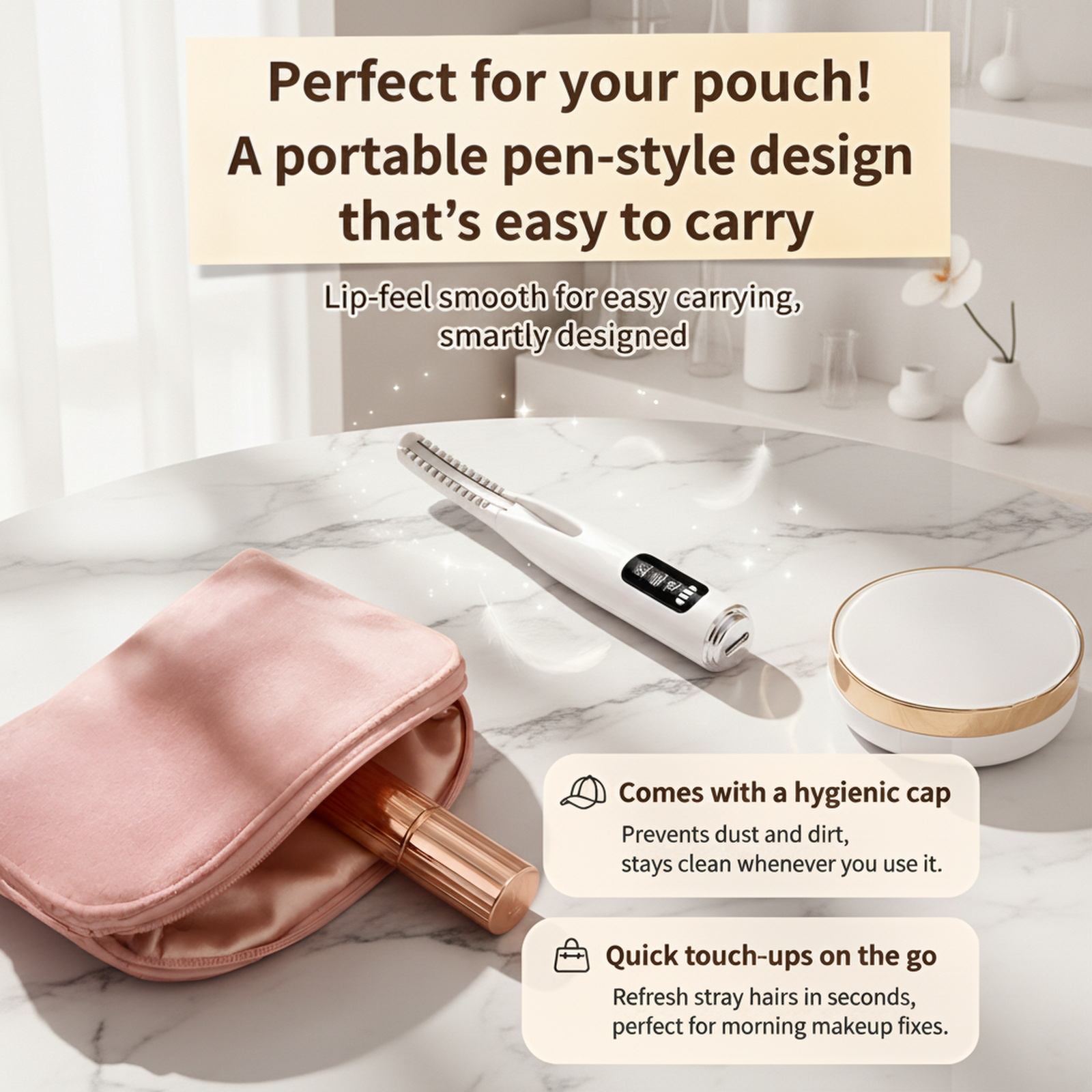 Electric eyelash curler with three temperature settings and LCD screen display. This eyelash curling