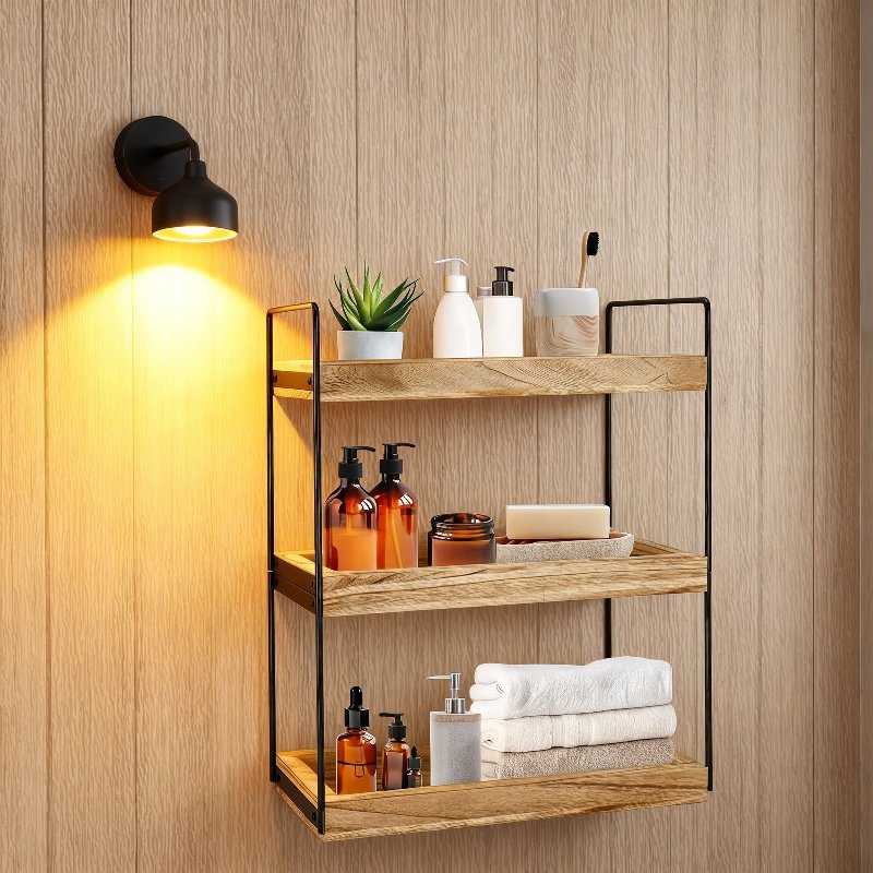 Cosmetic organizer shelf with makeup and skincare products