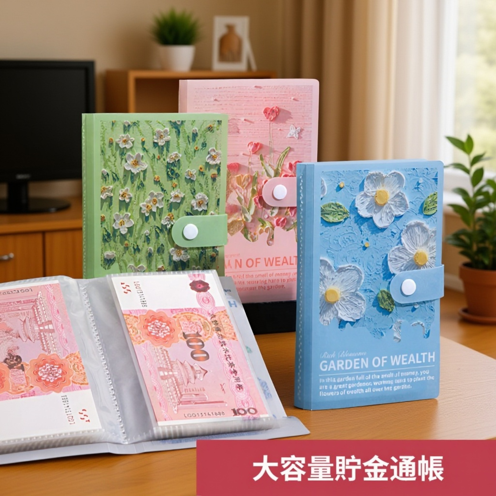 A6油絵3D立体貯金帳プラスチックシェル現金記念紙幣収納帳コレクションブック