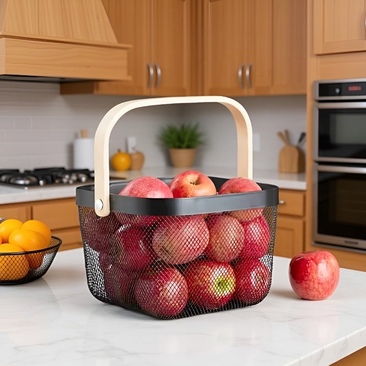 Fruit basket with wooden handle ideal for kitchen organization