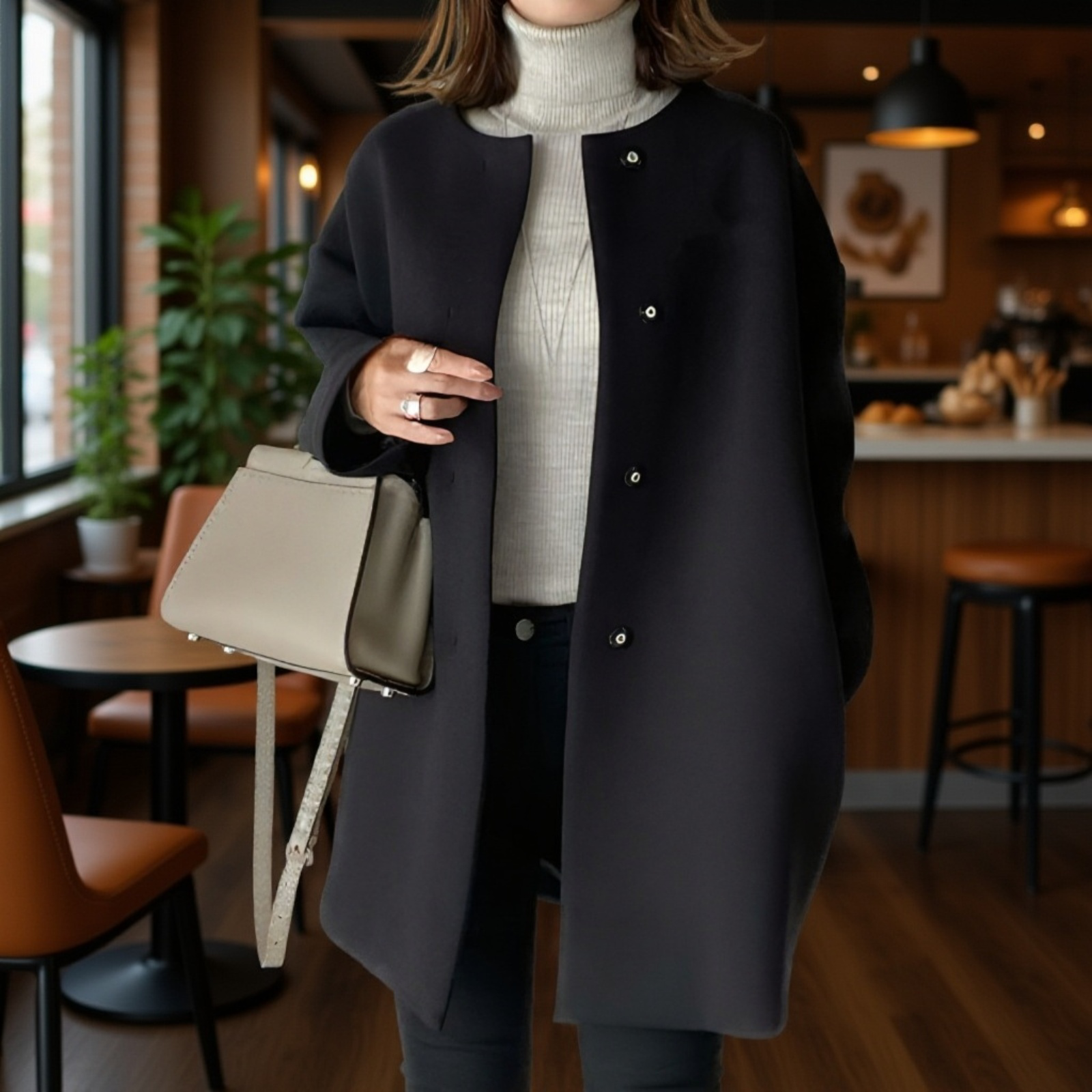 프리미엄 여성 가을 겨울 솔리드 코트 루즈핏 일자 상의 모직 코트 무드 코트