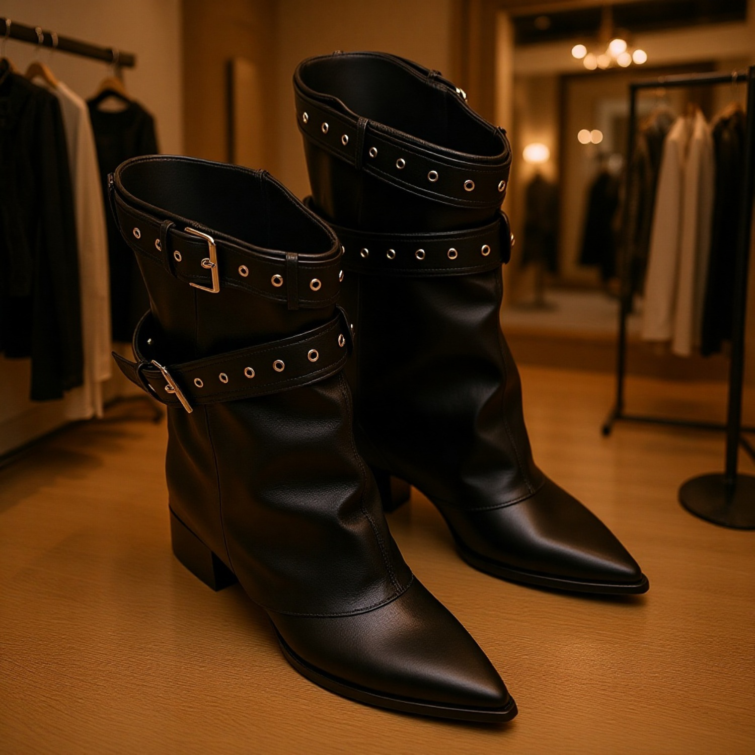 버클 디테일이 돋보이는 앵클부츠