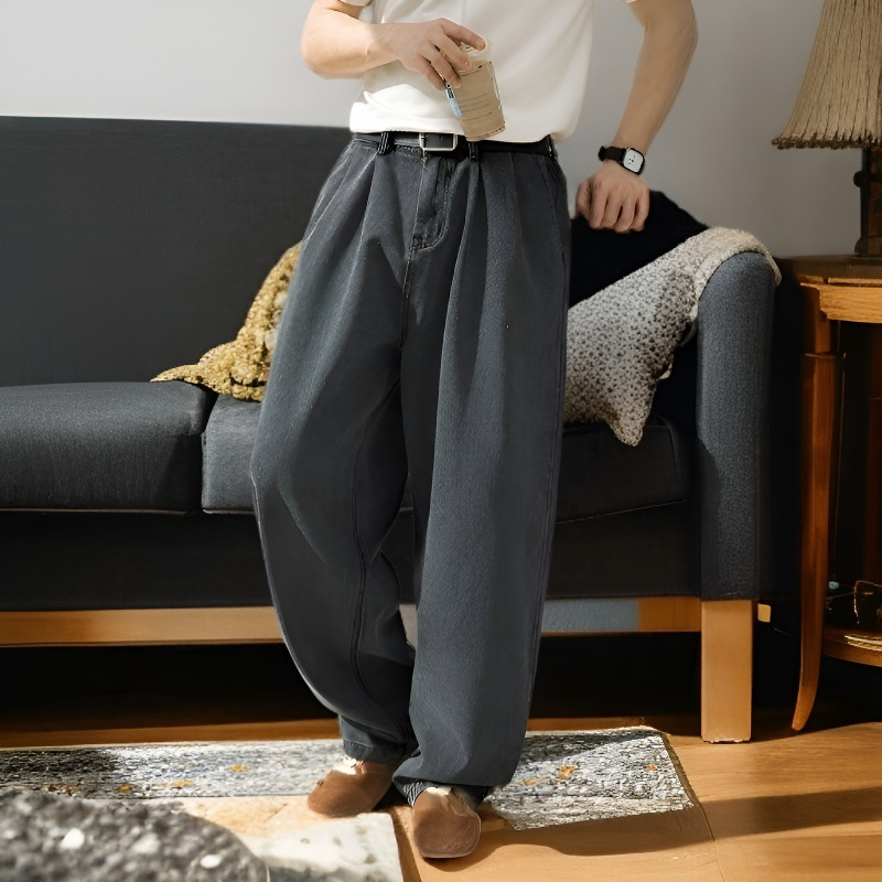 レトロ快適カジュアル メンズカーブドジーンズ 軽量ストレートパンツ