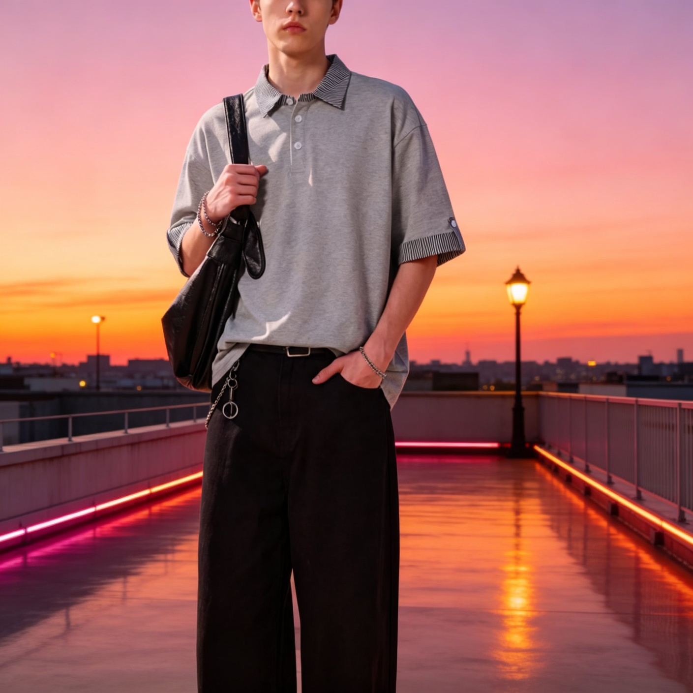 한류 커플룩 오버핏 반팔티, 레이어드 스트라이프 폴로셔츠