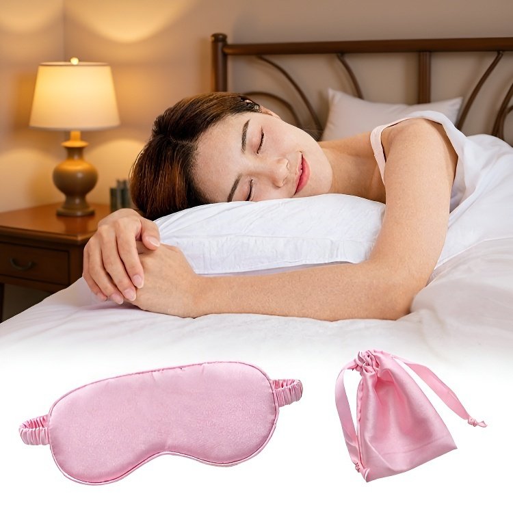 Sada tří kusů - maska na spaní z imitace hedvábí s úložným pytlíkem, vhodná na cestování