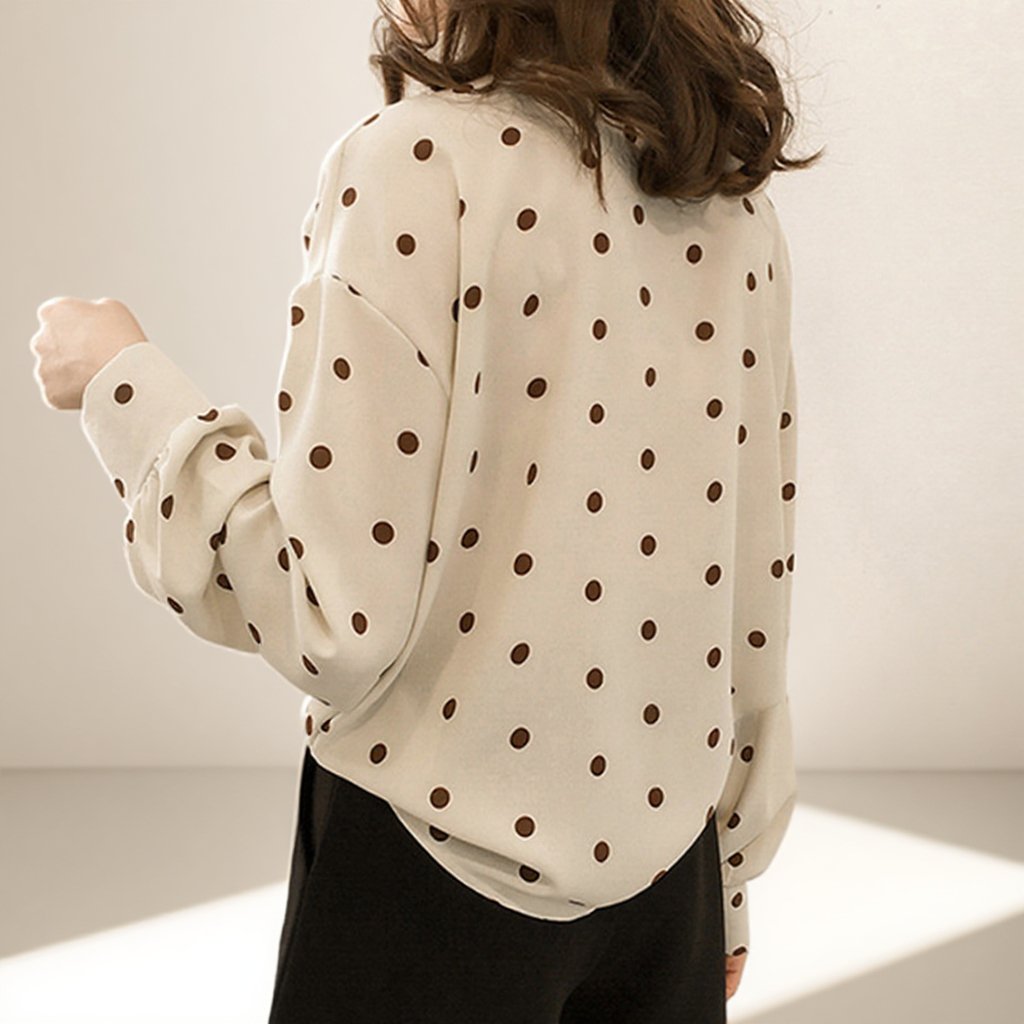 レディースネックリボンドット柄シャツ