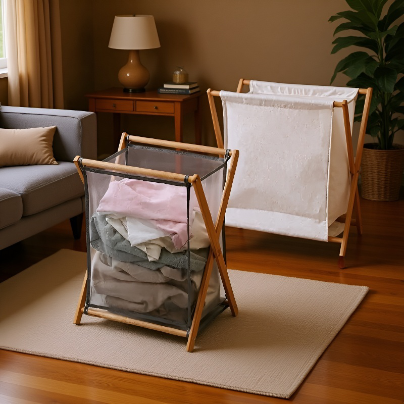 YHAFM 대나무 원목 세탁 바구니, 견고하고 접이식 친환경 PVC 소재로 제작된 가정용 수납   정리함