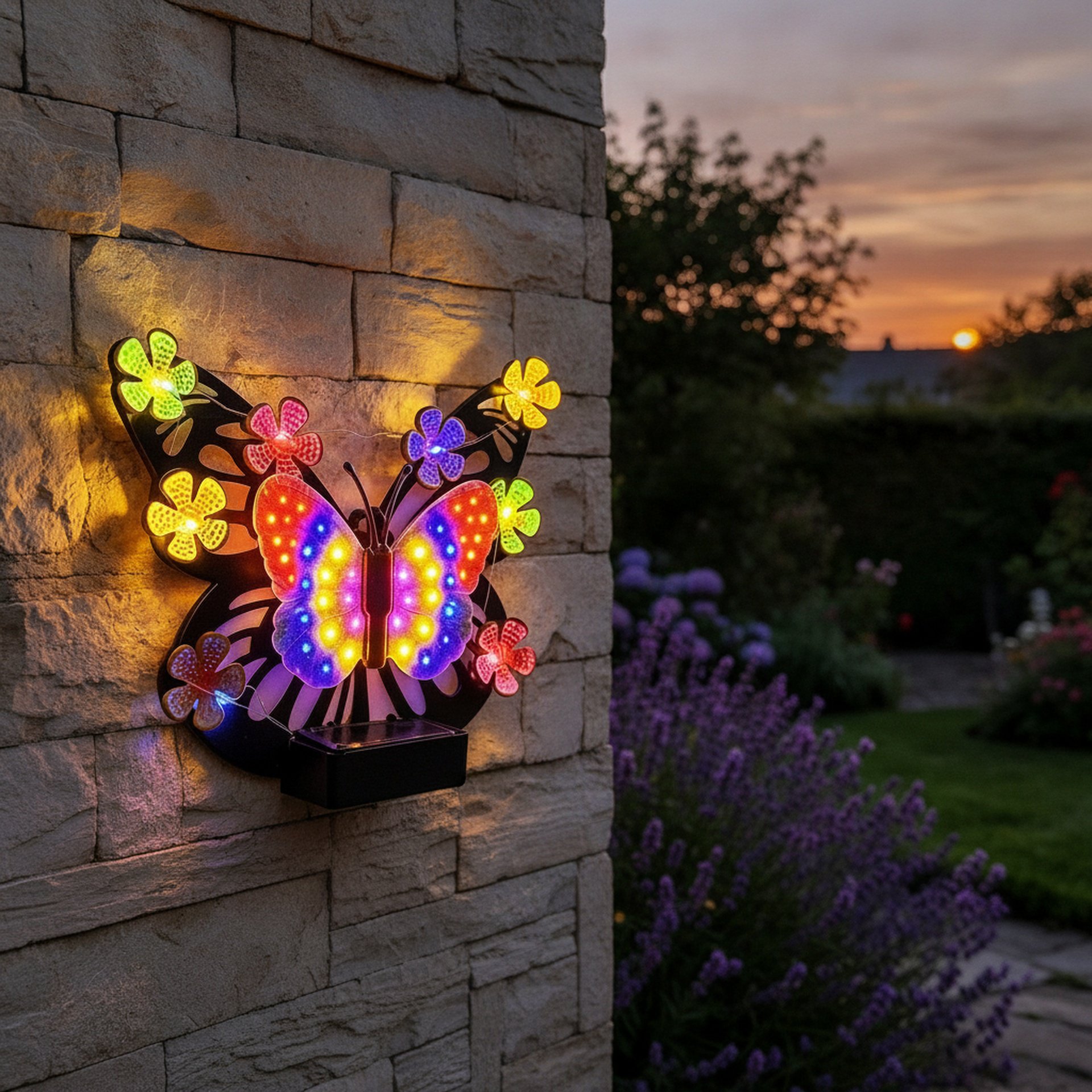 Solarbetriebene Schmetterling Wandleuchte bei Nacht
