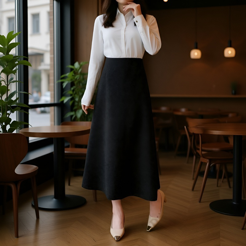 겨울 블랙 드롭 레귤러 미디 스커트 컬러 기모 미디 스커트