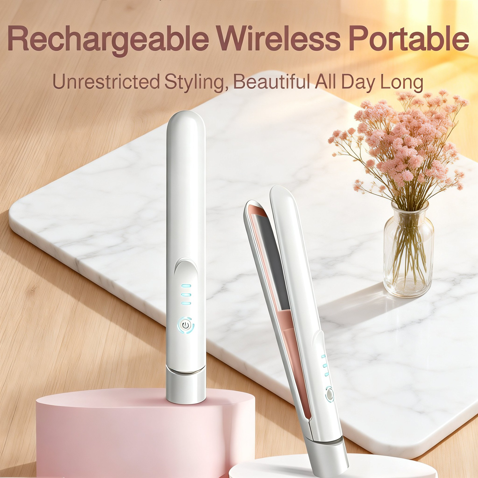 Cordless Mini Hair Iron, USB Rechargeable, 3 Temperature Settings (160/180/200°C), Lightweight, Port