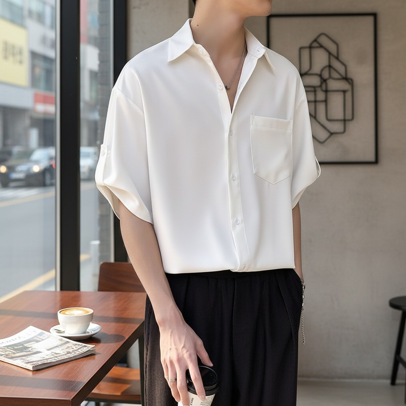 남성 다크 그린 노 아이론 루즈 반팔 셔츠