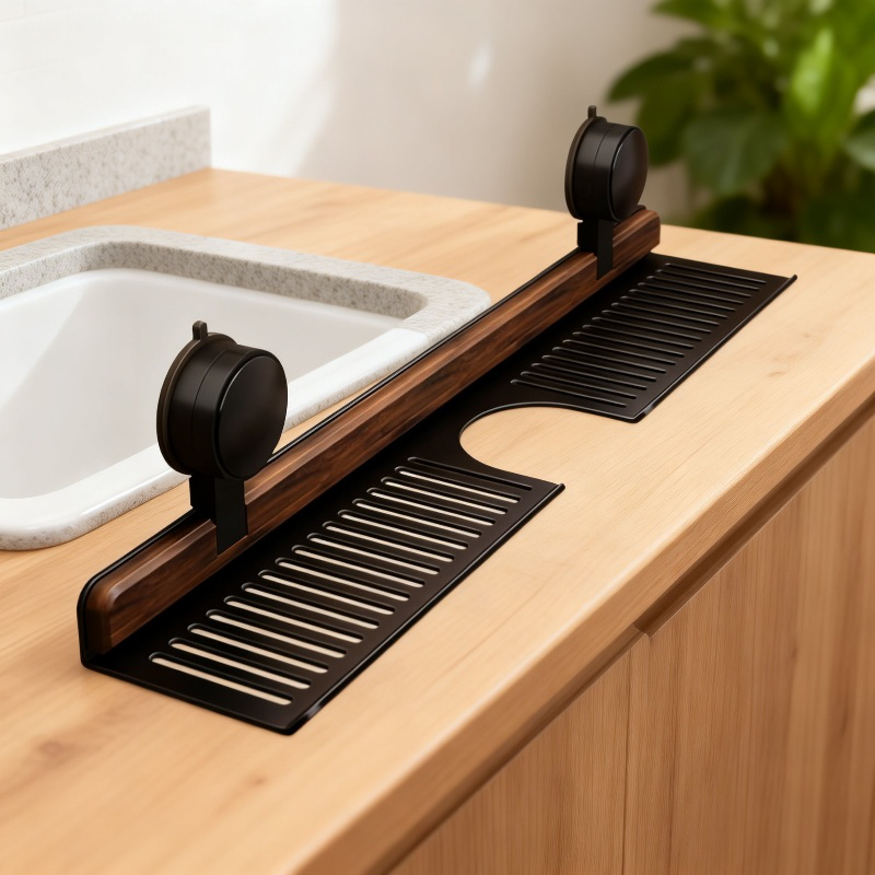 Wall Suction Cup Walnut Wood Washbasin Storage Shelf, No-Drill Bathroom Faucet Rack