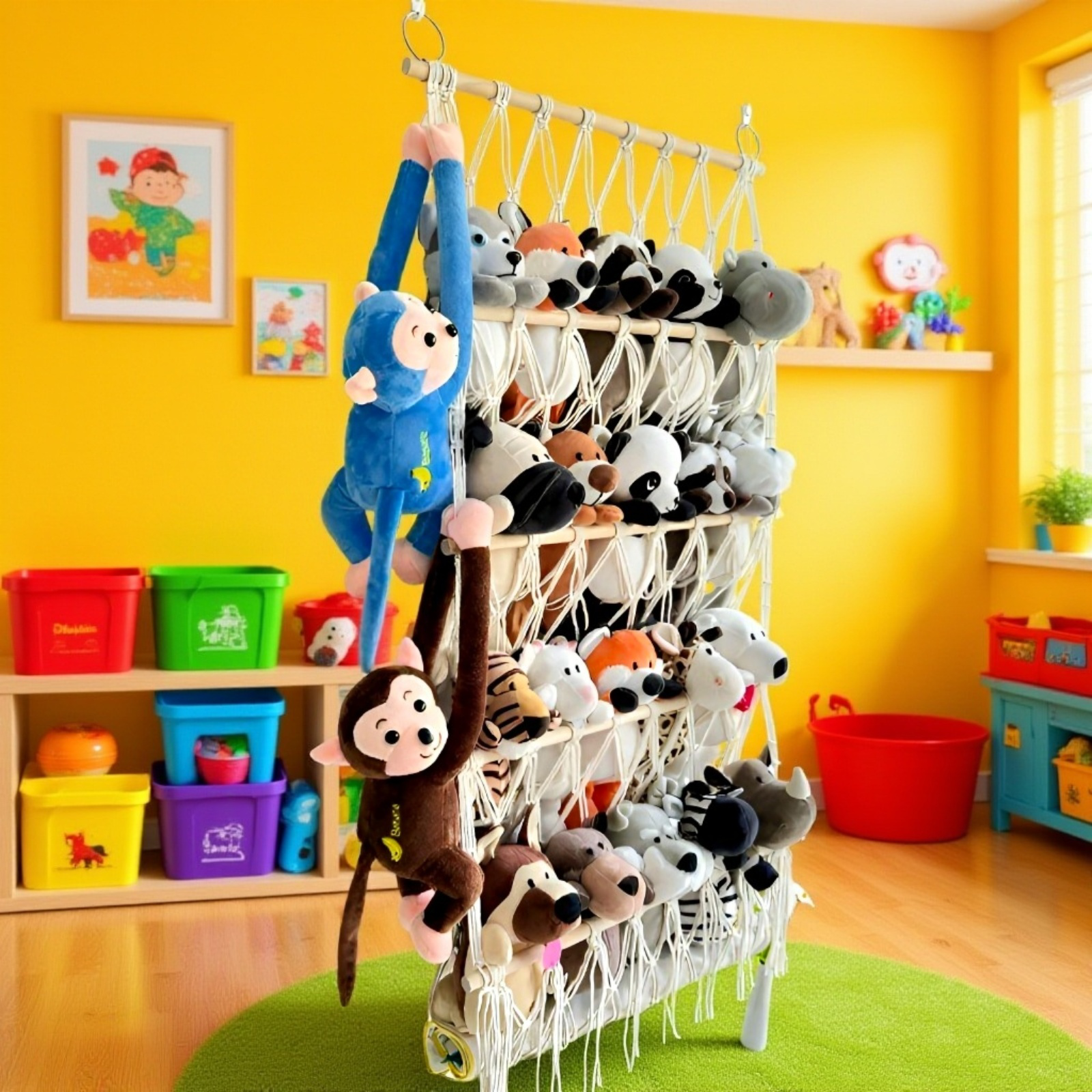 Zbliżenie na drewniane poziomy wiszącej siatki na zabawki