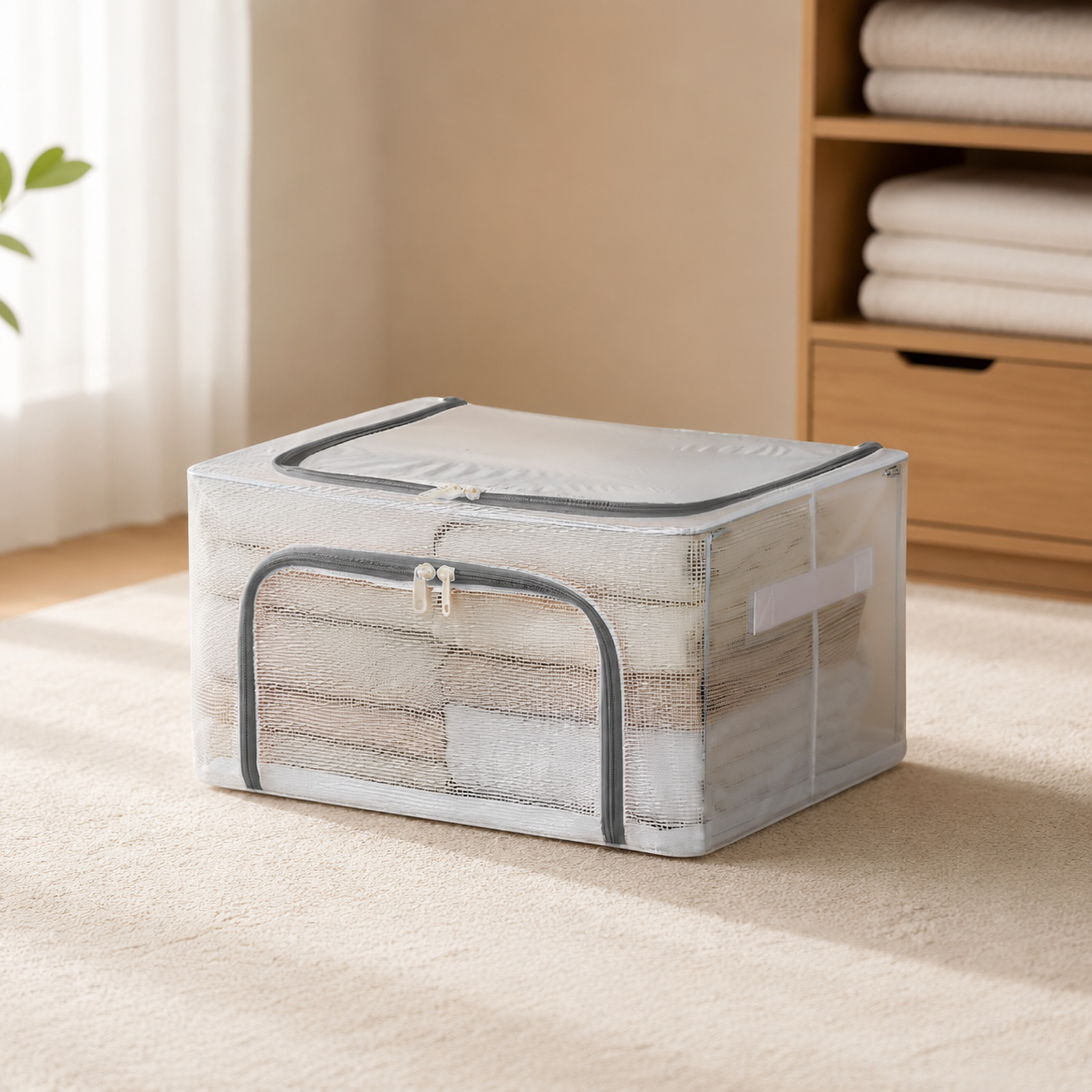 Foldable storage organizer for clothes, bedding, and more