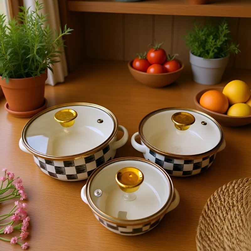 Enameled 3-piece instant noodle pot set, gray and white checkered flat bottom double handle instant 