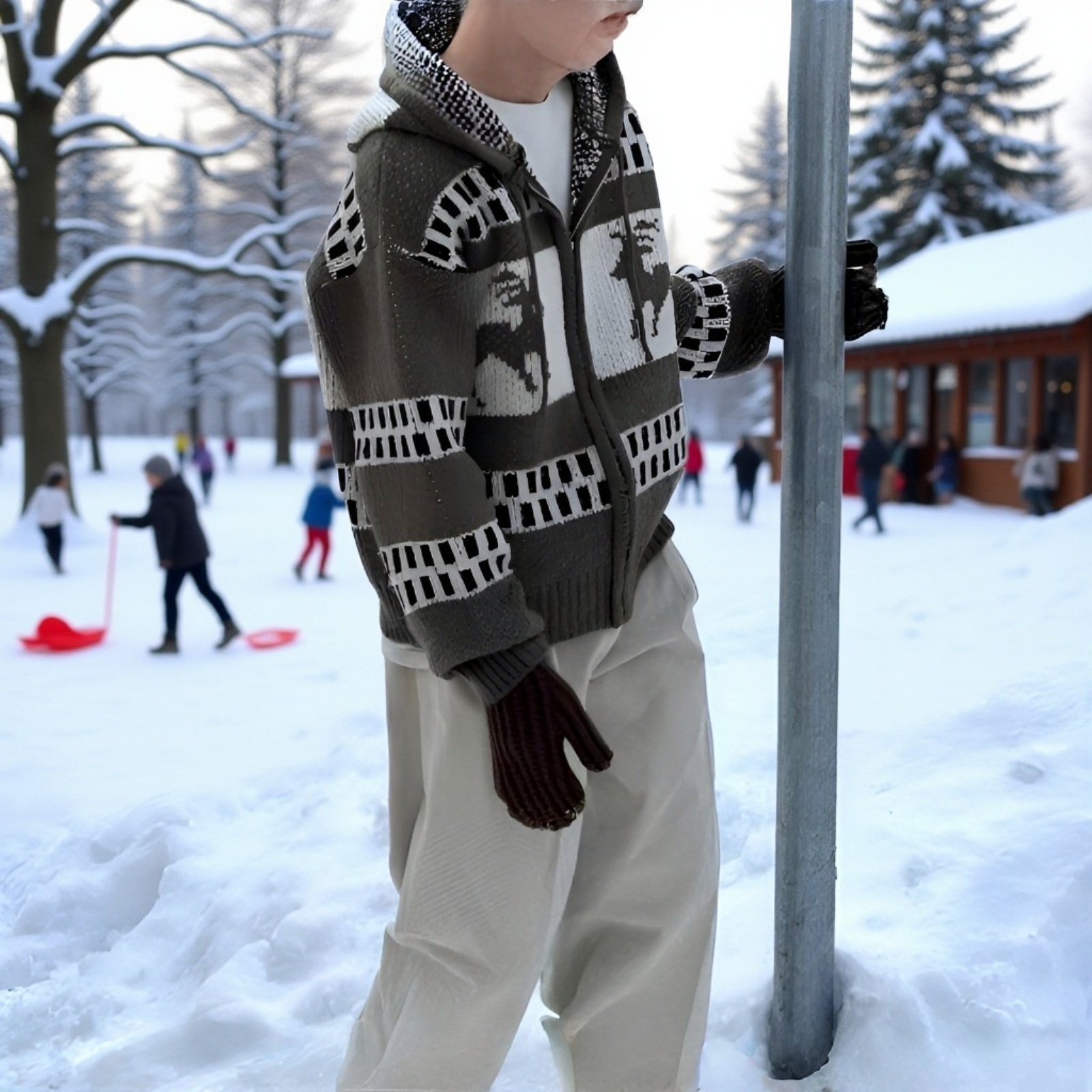 冬用 メンズ クリスマス ジップパーカー フェアアイル模様 ゆったりカーディガン