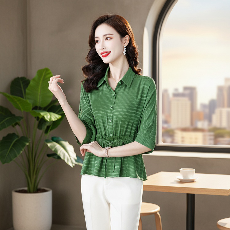 디자인 5부 소매 실크 셔츠 여름 상의 여 루즈핏 여성 캐주얼 얇은 티셔츠 돌넥 조거 실크 셔츠
