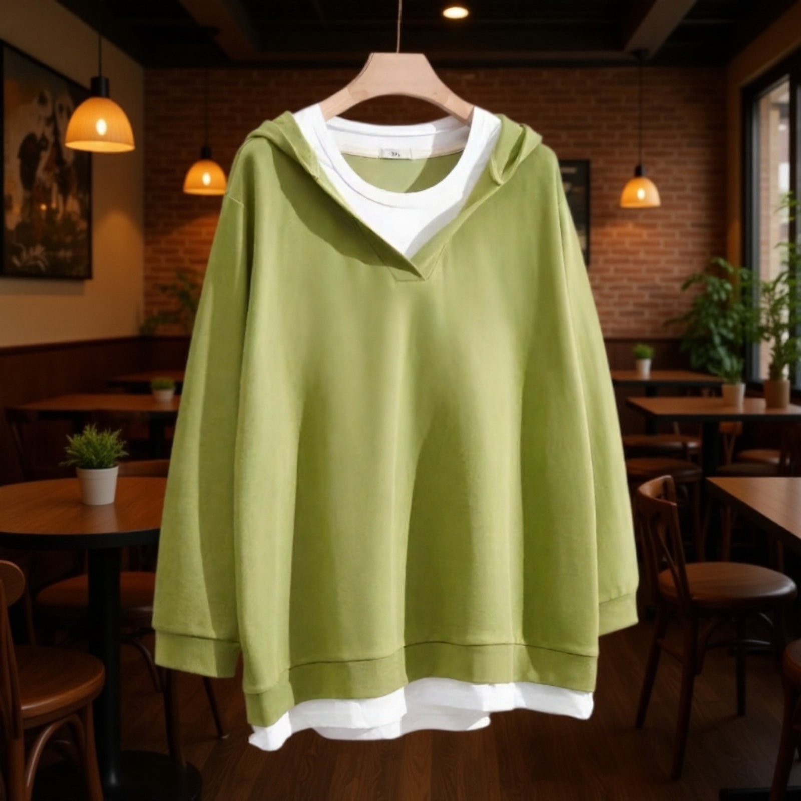 着痩せ効果抜群のフェイクレイヤード長袖スウェット・大きいサイズ・配色トップス