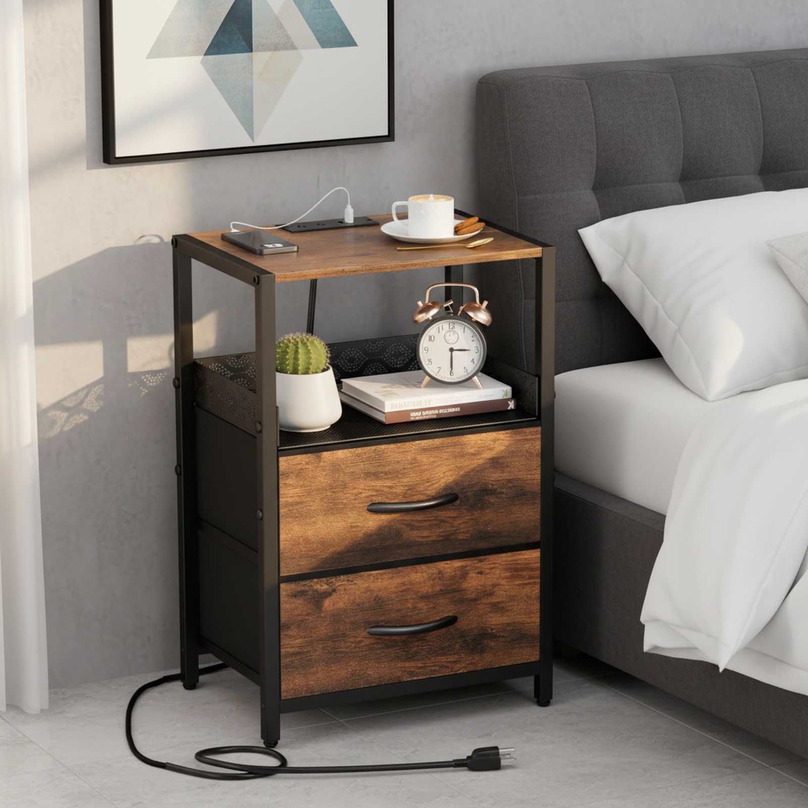 Dreilagiges Aufbewahrungsregal mit integrierter Ladestation und USB-Port