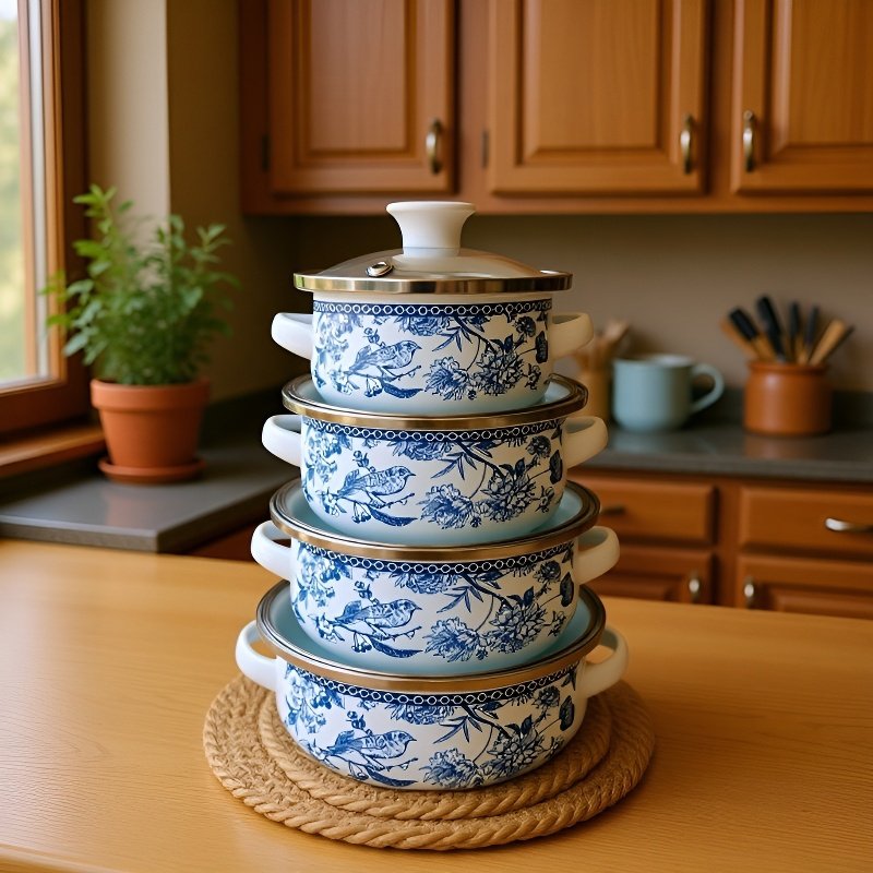 Enameled 3-piece instant noodle pot set, gray and white checkered flat bottom double handle instant 