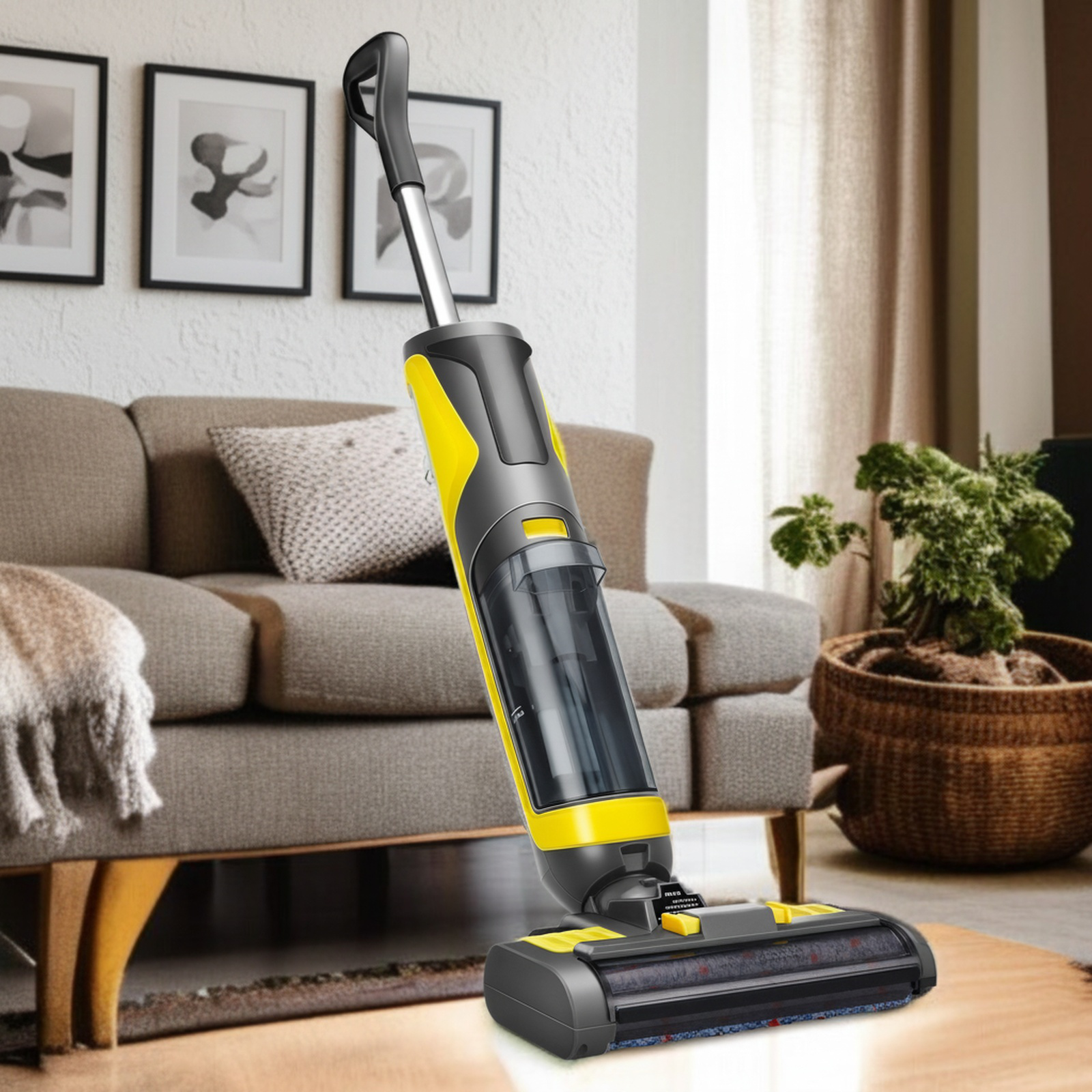 Aspiradora inalámbrica compacta eliminando polvo en la sala