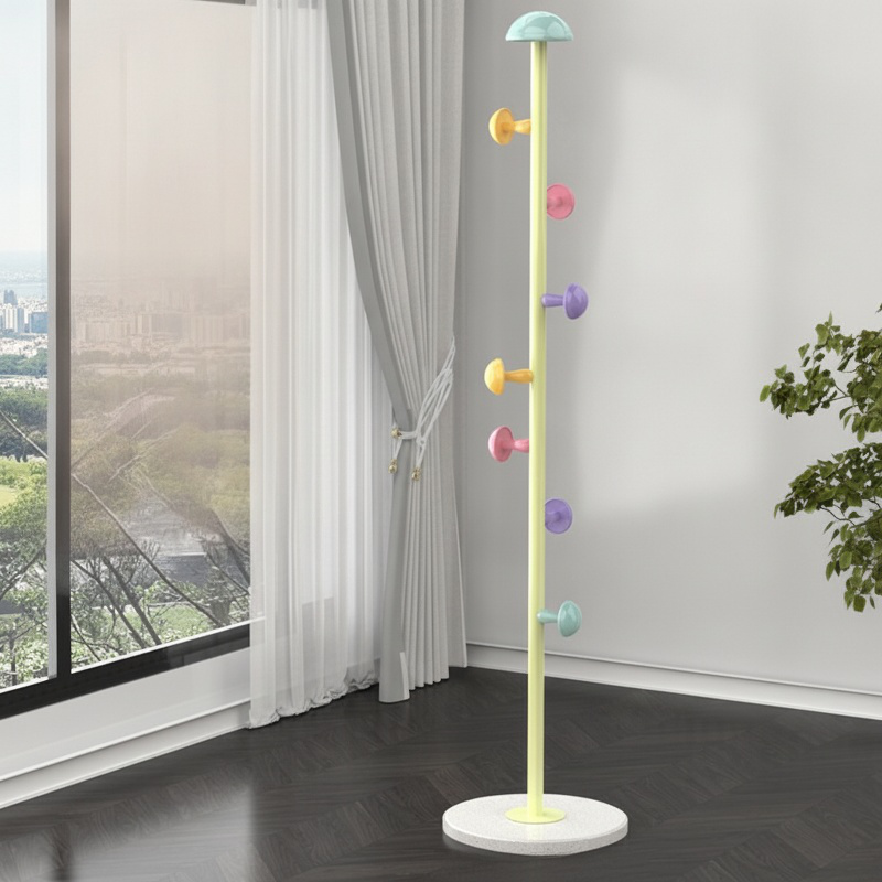 Coat Rack Displaying Scarves, Hats, and Bags on Mushroom Hooks