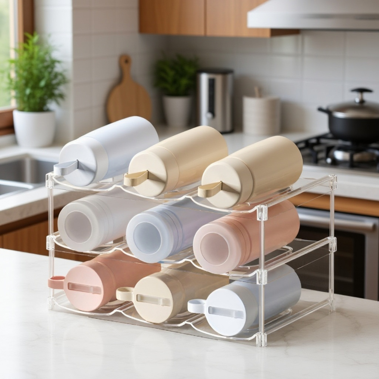 魔法瓶カップラック透明家庭用ウォーターカップ収納ラックリビングルームデスクトップ多層スタッキングカップ収納ラック