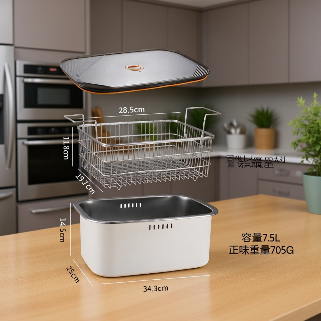 多機能フィルターバスケットで揚げ物を調理するシーン