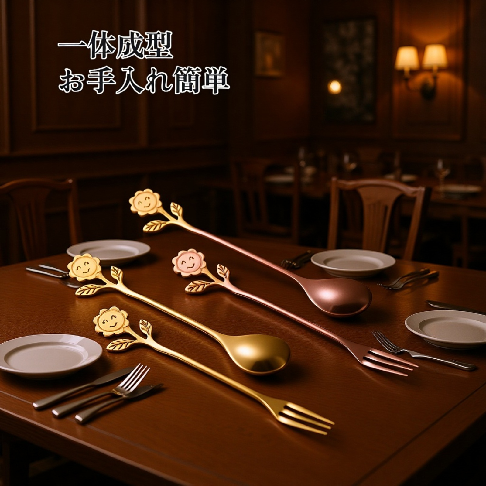 可愛いステンレス製ゴールドリーフスプーン フルーツフォーク＆スプーン コーヒースプーン