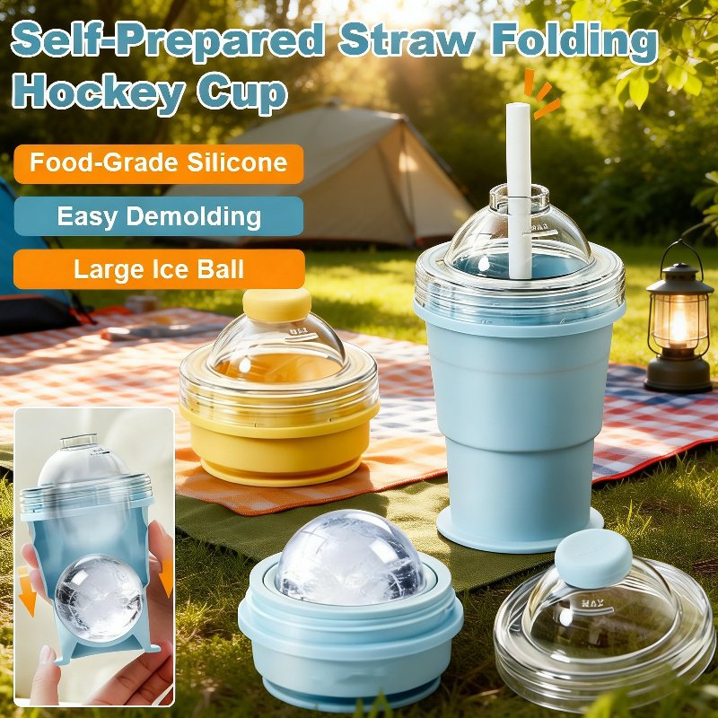 Portable folding ice hockey cup with straw