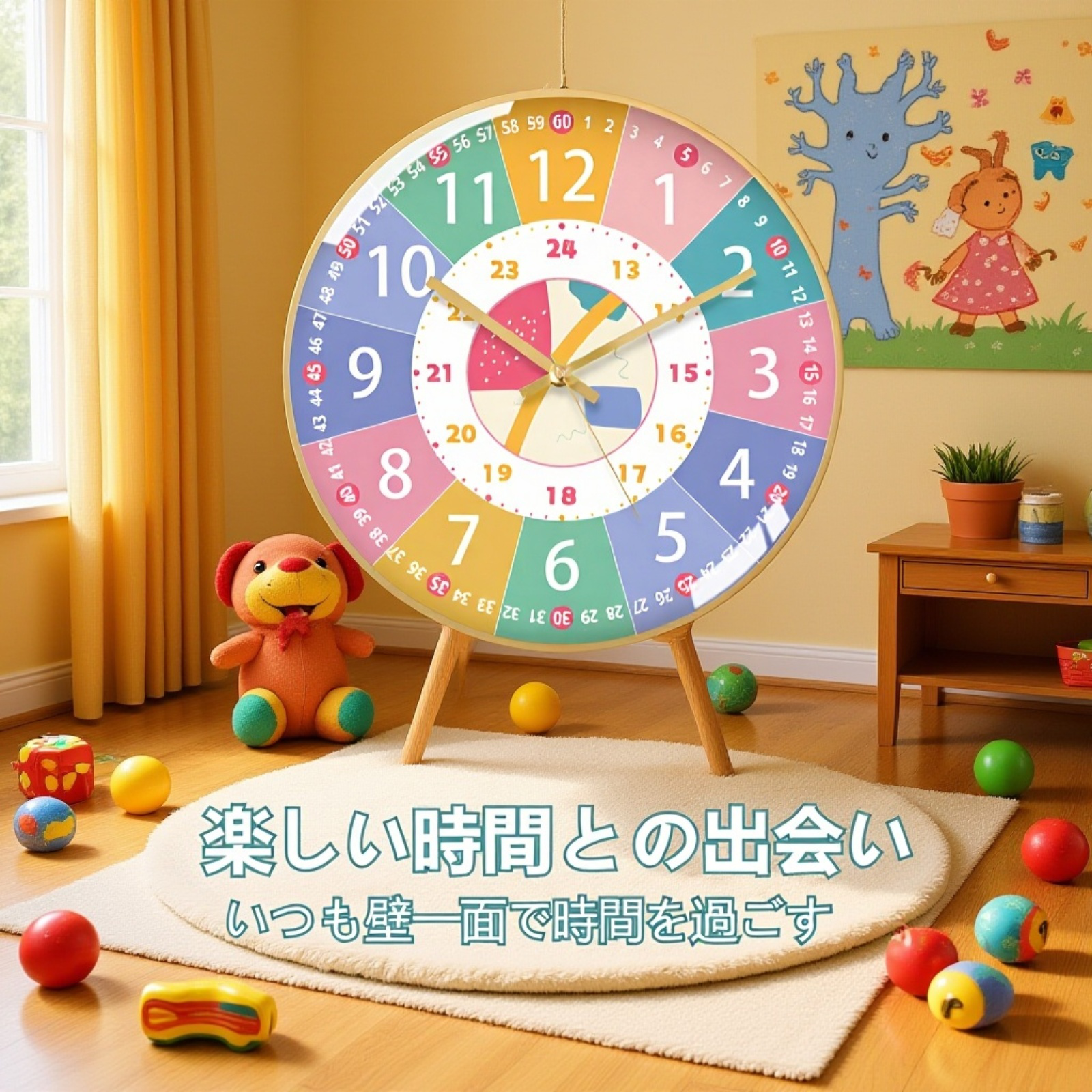 穴あけ不要 壁掛け学習時計 子供用知育壁時計