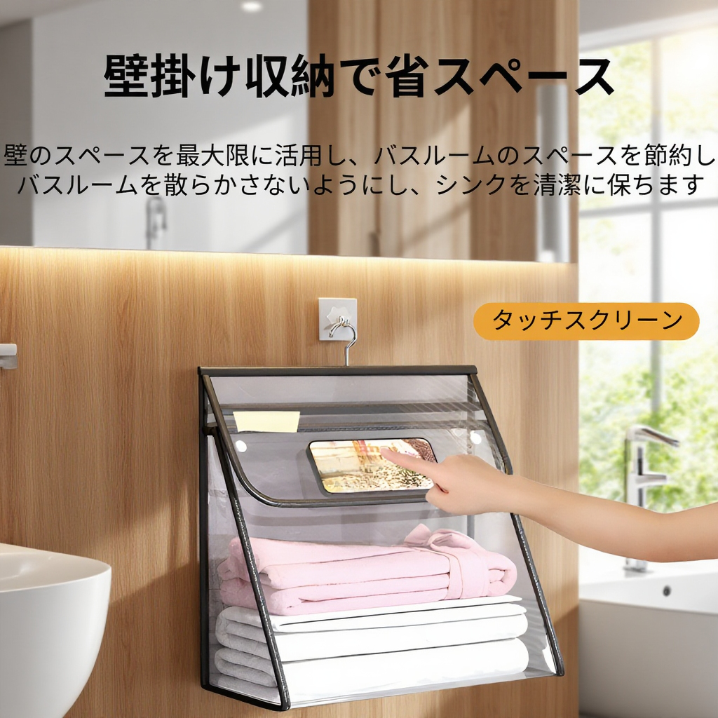 バスルームドアに取り付けた収納バッグの使用例