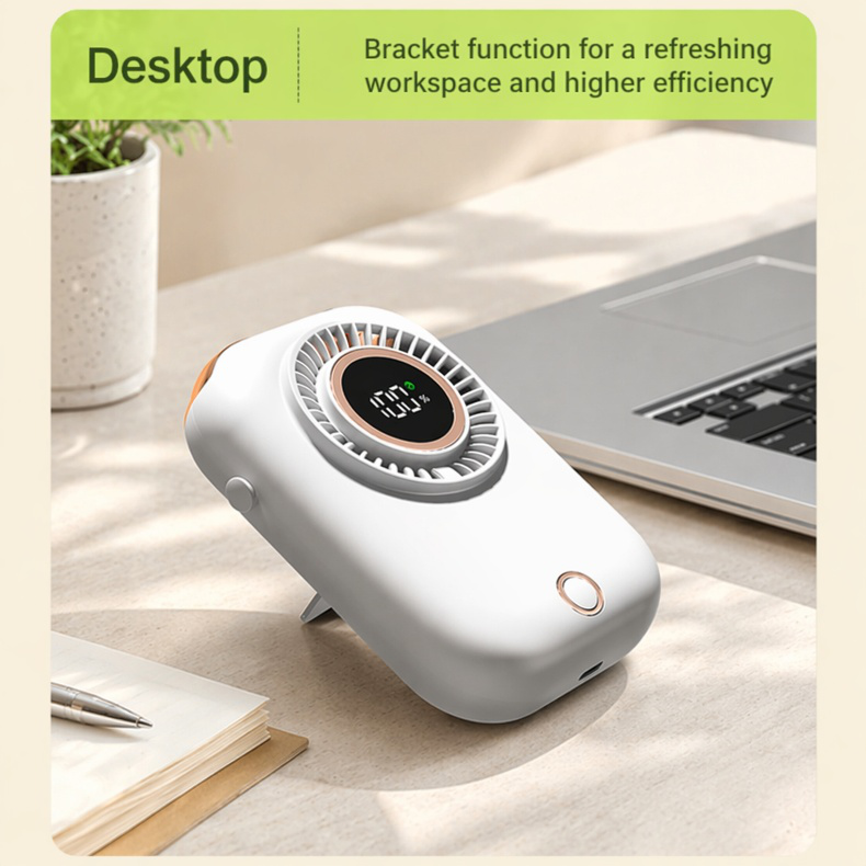 Lightweight hands-free neck fan in use