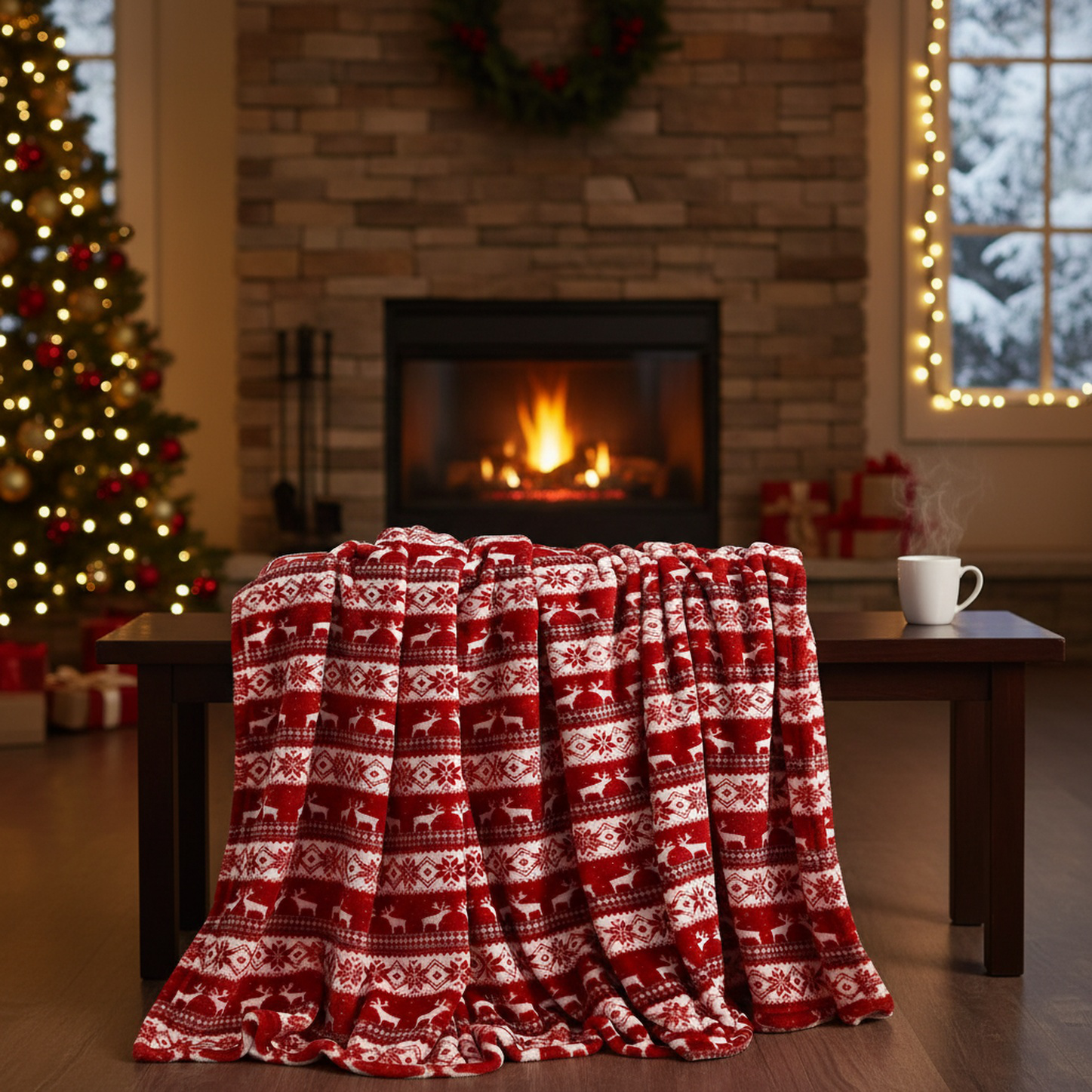 Warm Christmas blanket folded on a couch