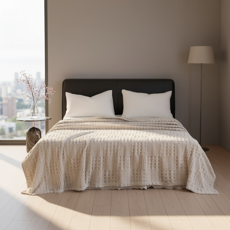 Warm thickened knitted plush padded blanket cover on a bed