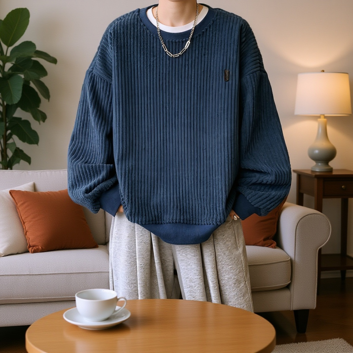 新しいメンズカジュアルスウェットシャツ 和風コーデュロイ ラウンドネック スウェットシャツ プラスベルベット 厚手スウェットシャツ メンズジャケット