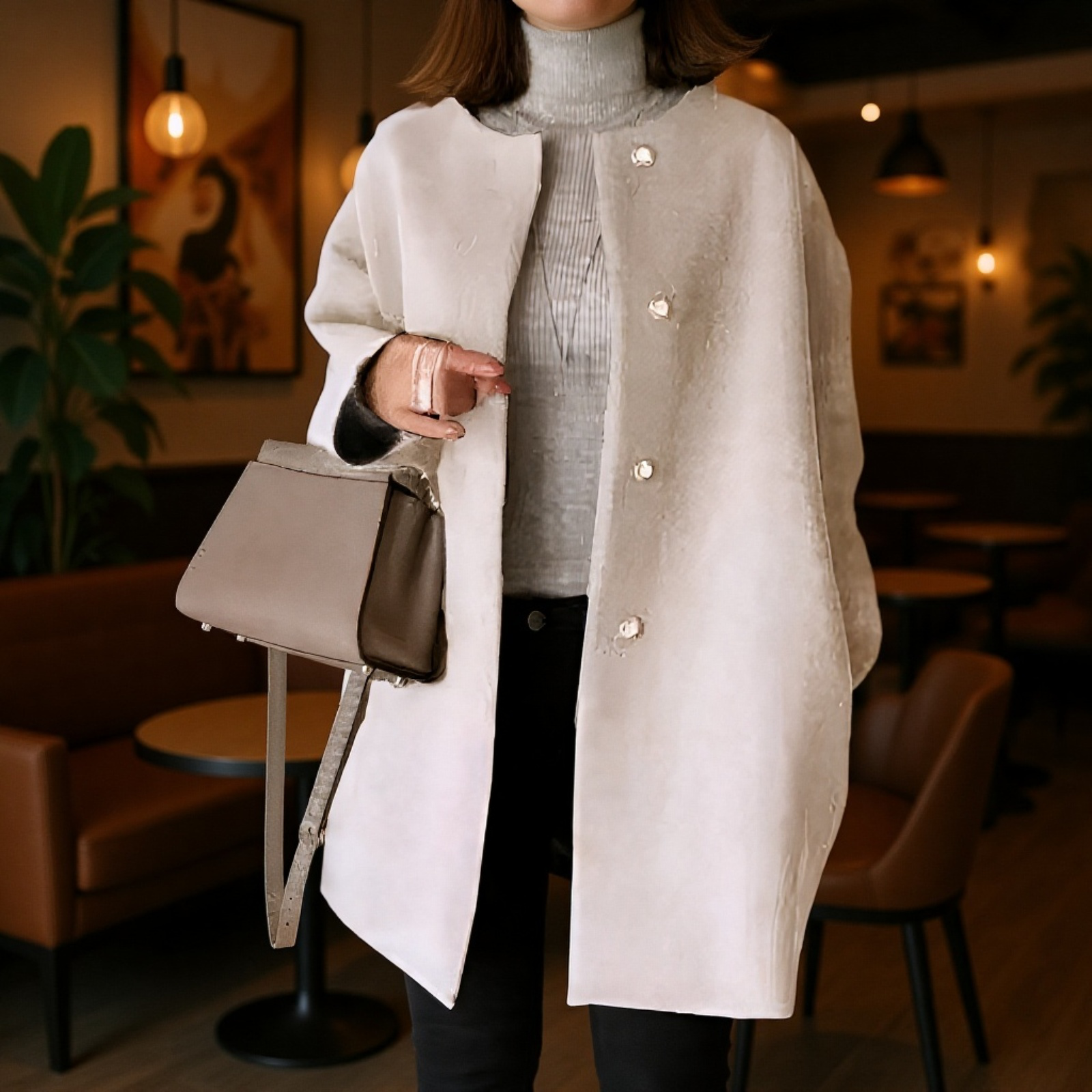 【Brelia-jp】上質なゆったりとした和風ストレートカットコート、レディース、秋冬、上品な無地、シンプルなウールオーバーコート。