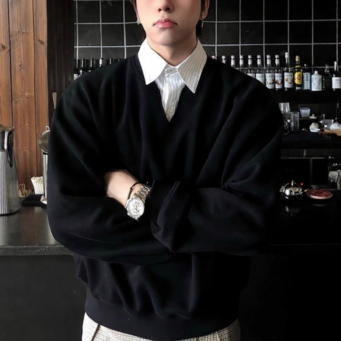 黑色假两件衬衫领卫衣男秋冬cleanfit高级感学院风长袖polo衫上衣