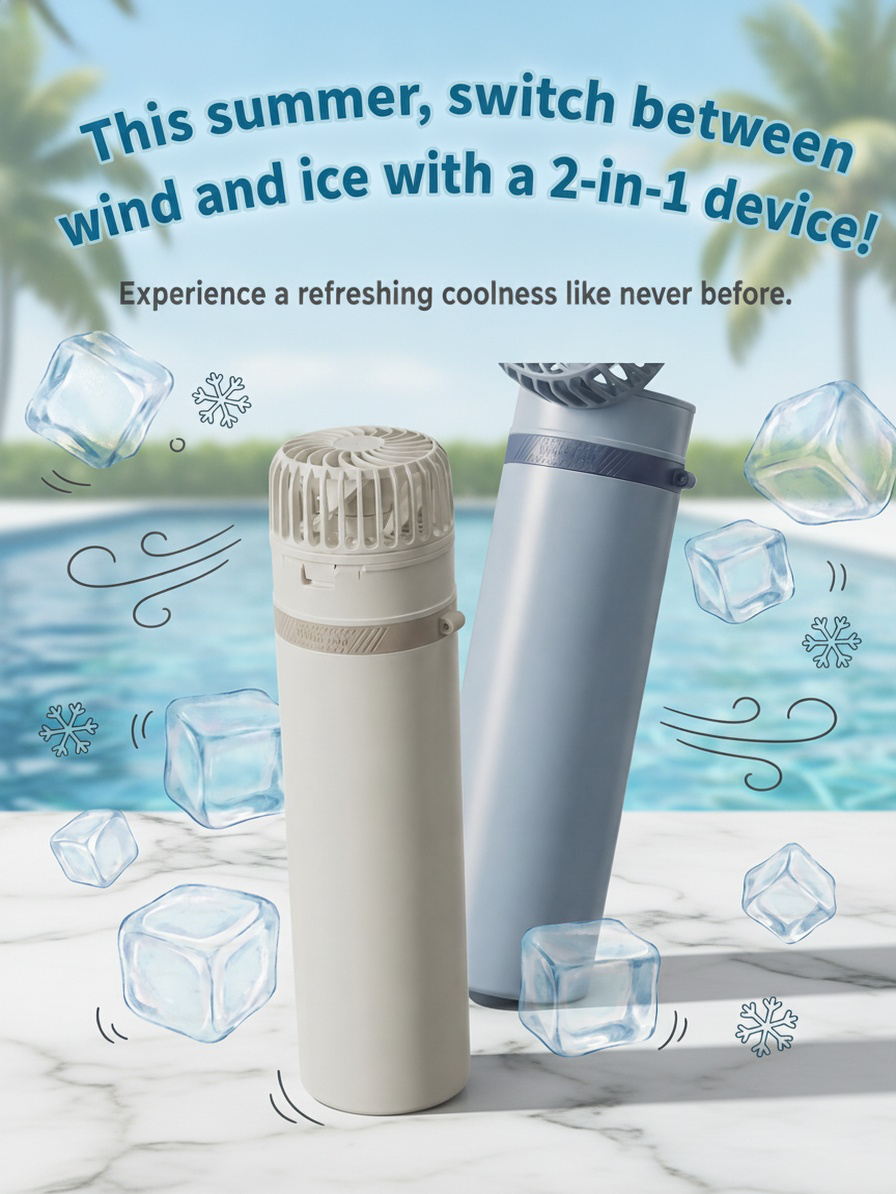 Outdoor portable mini fan and ice cup in use at the beach