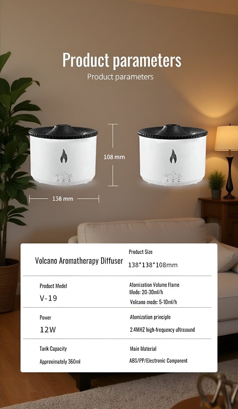 Volcano humidifier close-up showing mist effect