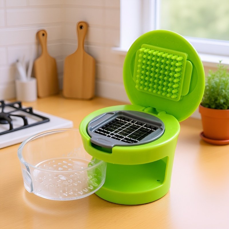 Garlic press in action mincing fresh garlic