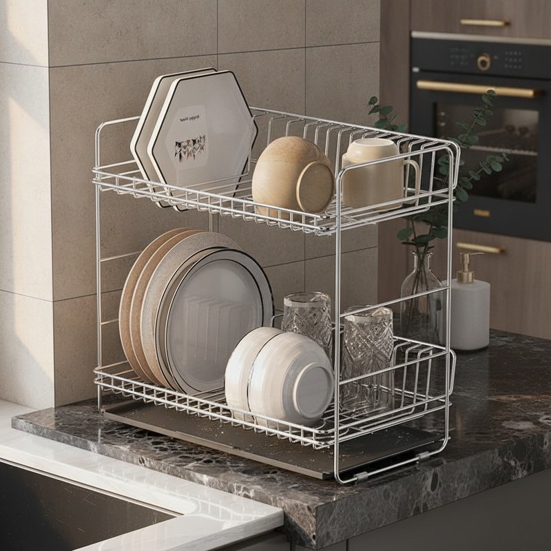 Kitchen Drain Rack 304 Stainless Steel Double Layer Dish Organizer