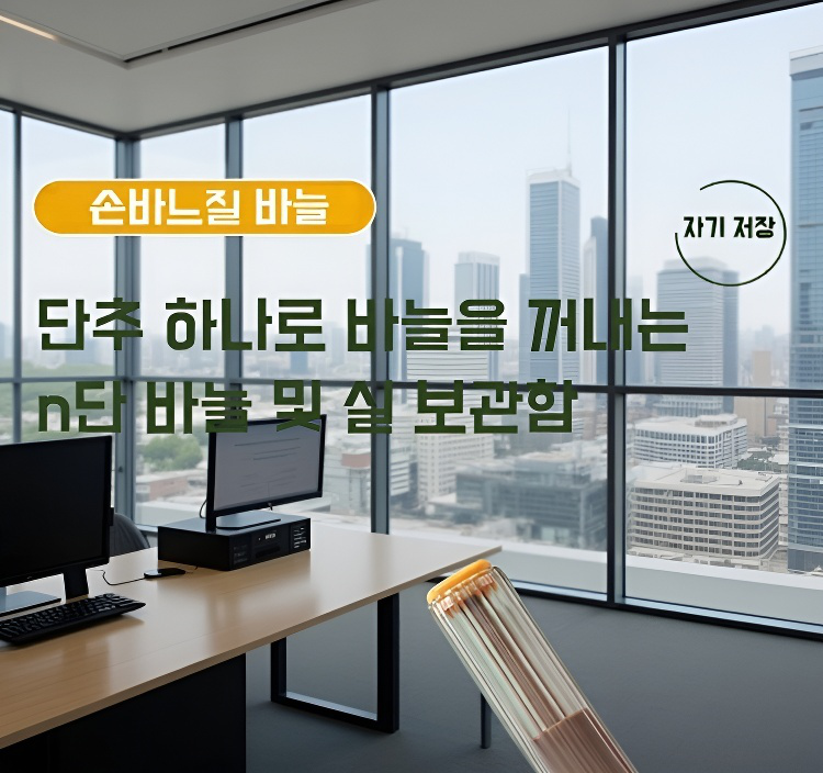 다양한 색상의 실과 바늘이 포함된 바느질 키트