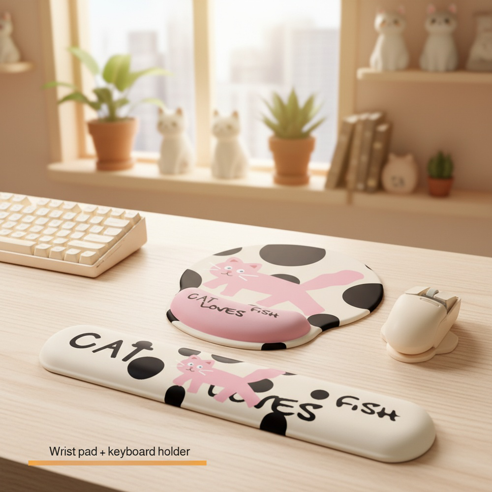 Cute Pink Cat Wrist Rest Mouse Pad & Keyboard Support, Non-slip Rubber Soft Pad